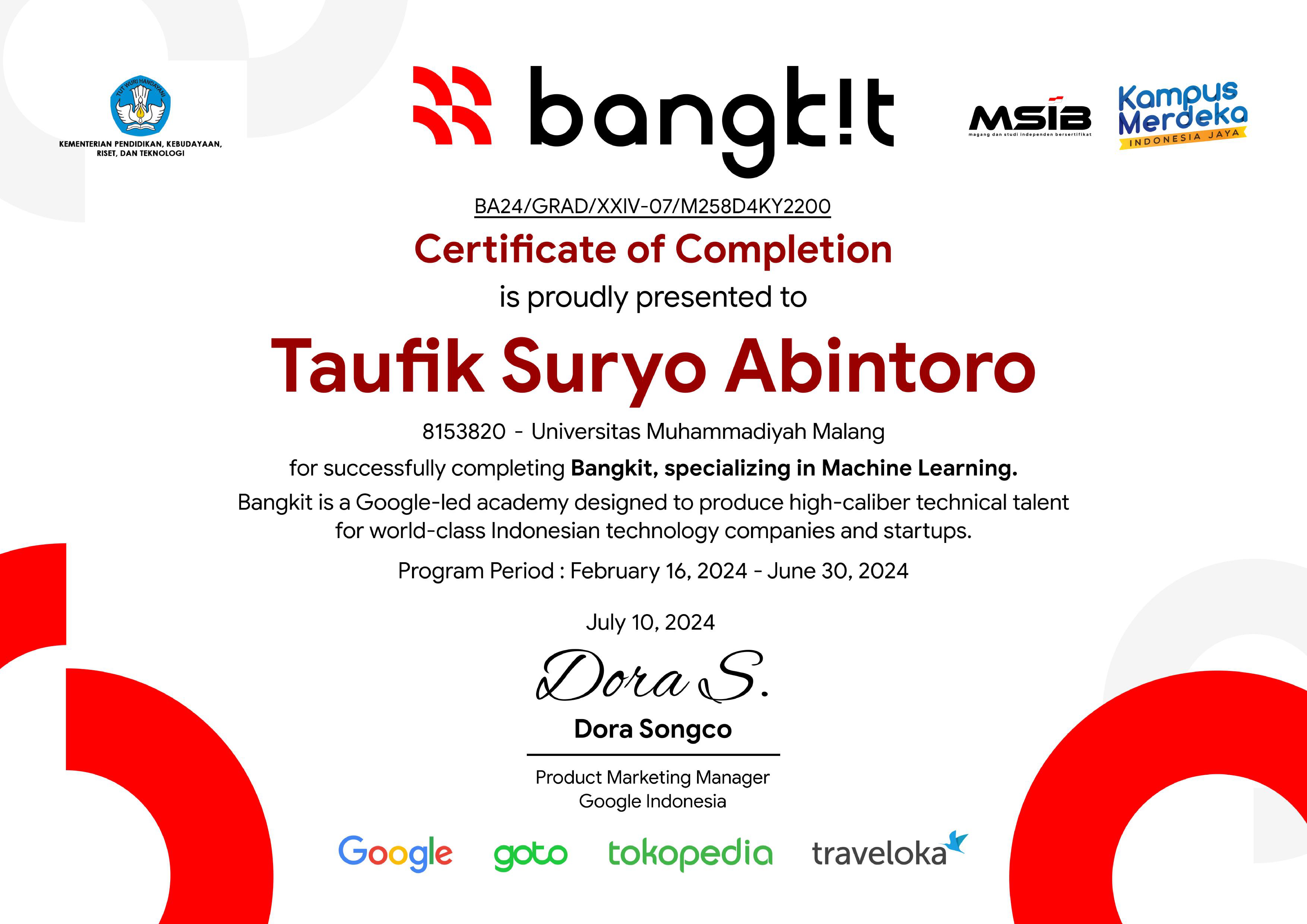 Bangkit 2024 — Machine Learning Certificate of Completion